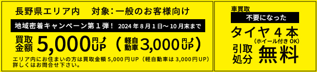 地域密着キャンペーン第1弾　8月1日～10月末まで！長野県 エリア内にお住まいの方は買取金額5,000円UP（軽自動車は3,000円UP）
                  詳しくはお問合せ下さい。